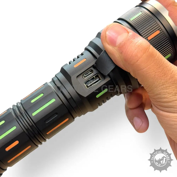 Black tactical flashlight with USB ports and clip from 8000mAh Rechargeable Powerful Flashlights lot