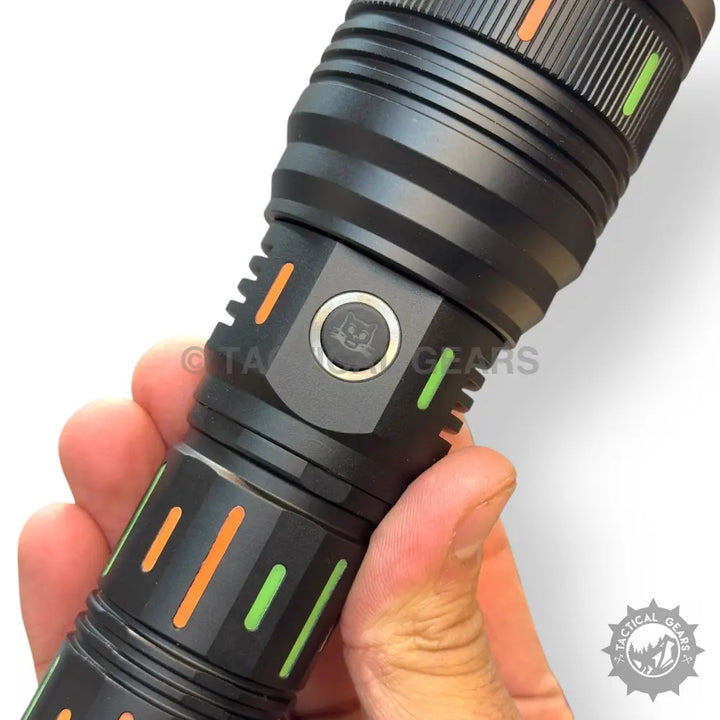 Black tactical flashlight with orange and green accents from 8000mAh Rechargeable Powerful Flashlights lot