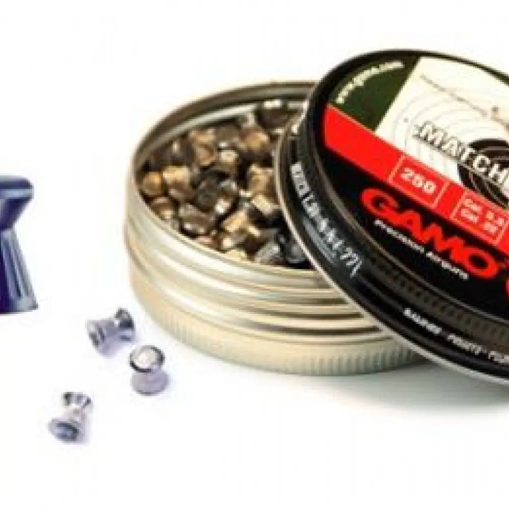 Air rifle pellets in a tin container for Gamo Match Diabolo Airgun Pellets product