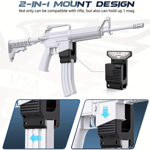 White toy rifle with detachable magazine mounted on AR-15 Wall Mounted Holster with American Flag