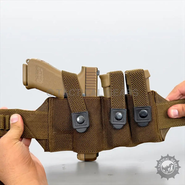 Tactical 9mm belt holster with tan handgun and three magazines for secure carry