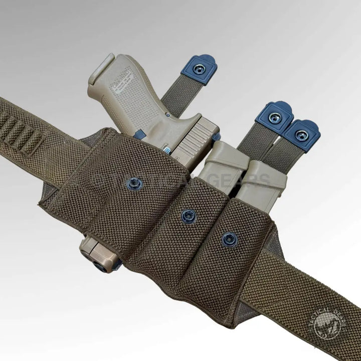 Tan tactical belt holster with pistol holster and multiple magazine pouches for 9mm belt