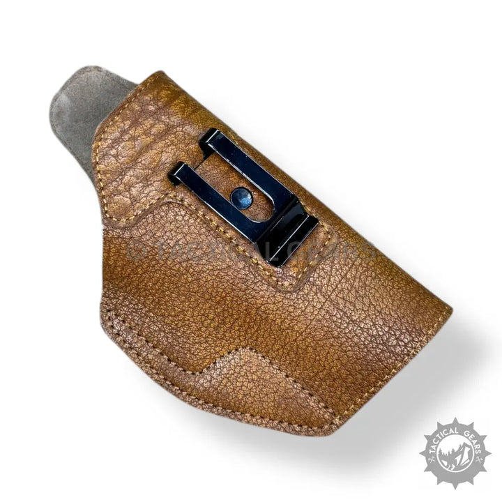 Easy-to-use Brown Leather Gun Holster with Black Metal Belt Clip for 9MM Pistols