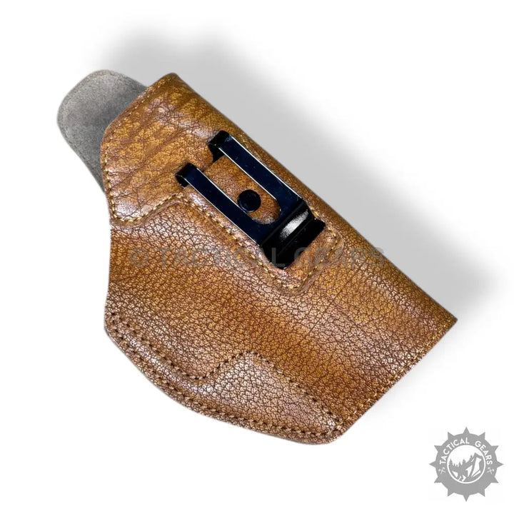 Easy-to-use Brown textured leather gun holster with black metal clip for 9MM pistols
