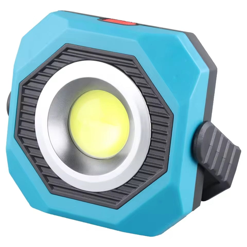 Portable LED work light with teal color, yellow COB LED, and adjustable stand