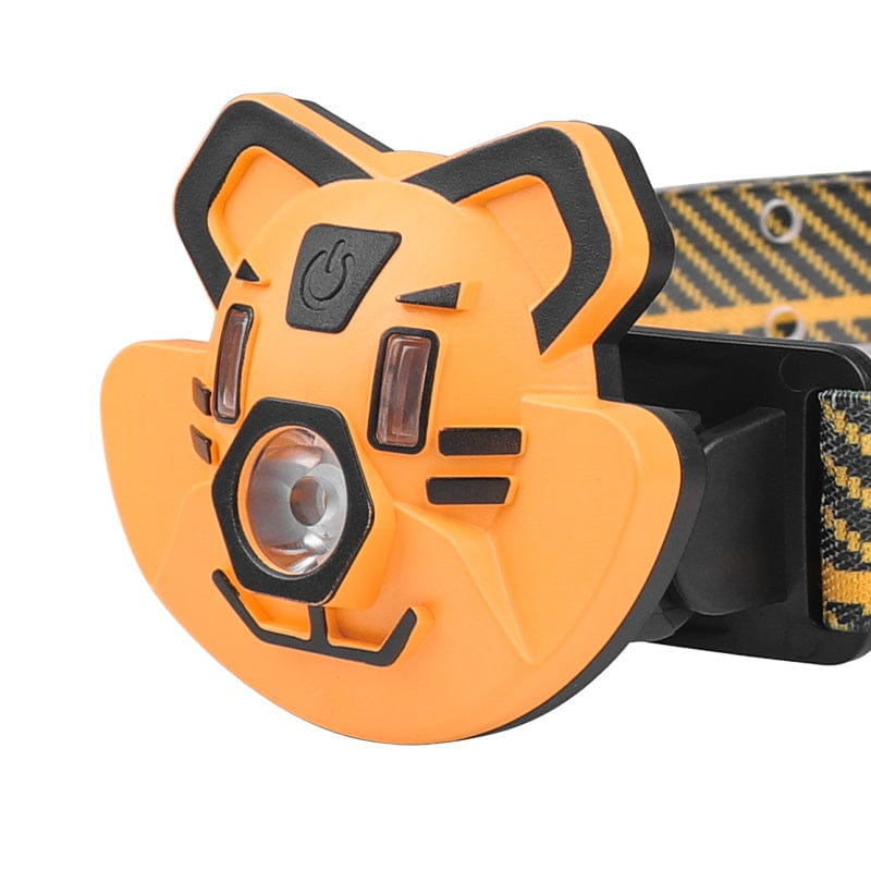 Kids Orange Tiger Headlight with black tiger headlamp, adjustable strap, and power button