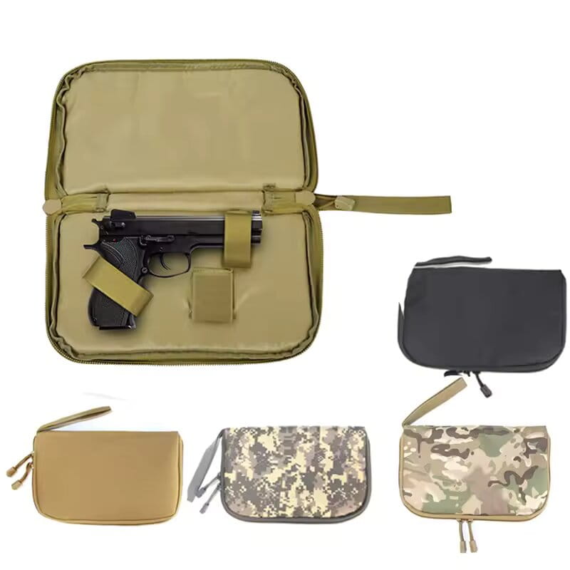 Tactical Pistol Carrying Pouch Set with tan zippered tactical pistol case and colorful cases