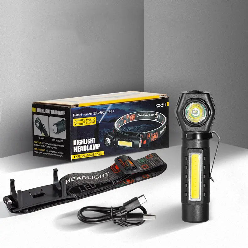 Black KX-212 Rechargeable LED Headlamp with Detachable Strap and Charging Cable