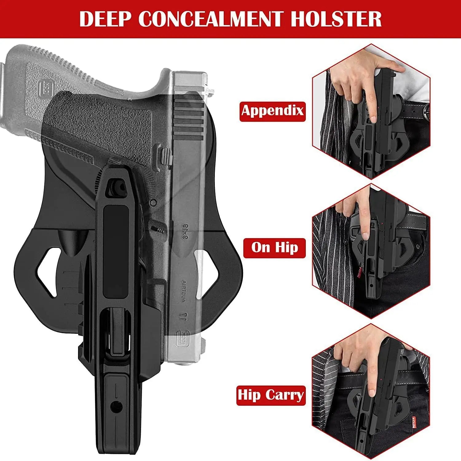 Black polymer universal belt holster for handgun concealment, fits on-hip or appendix carry