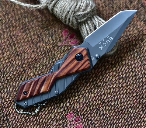 USA X59 Tactical folding pocket knife with gray blade and wooden handle design