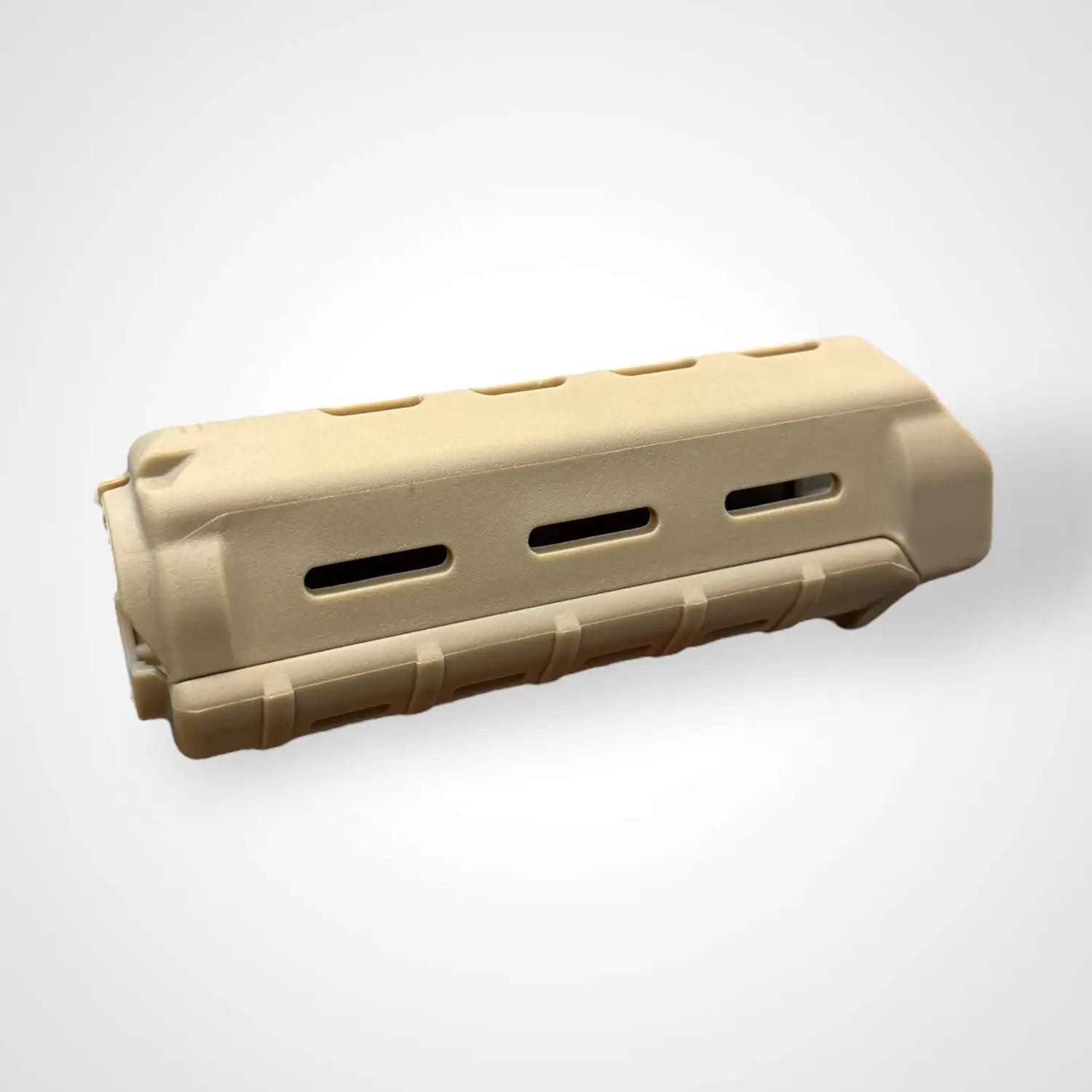 Tan polymer M-LOK hand guard for rifle with blue and gray design