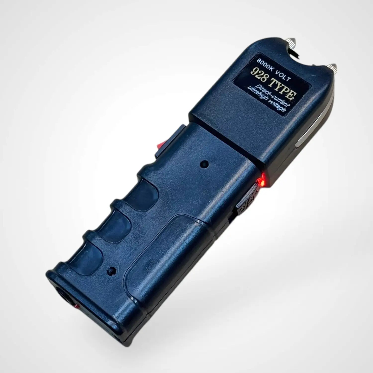 Black Portable Anti Riot 8000V Stun Gun with two prongs and red indicator light