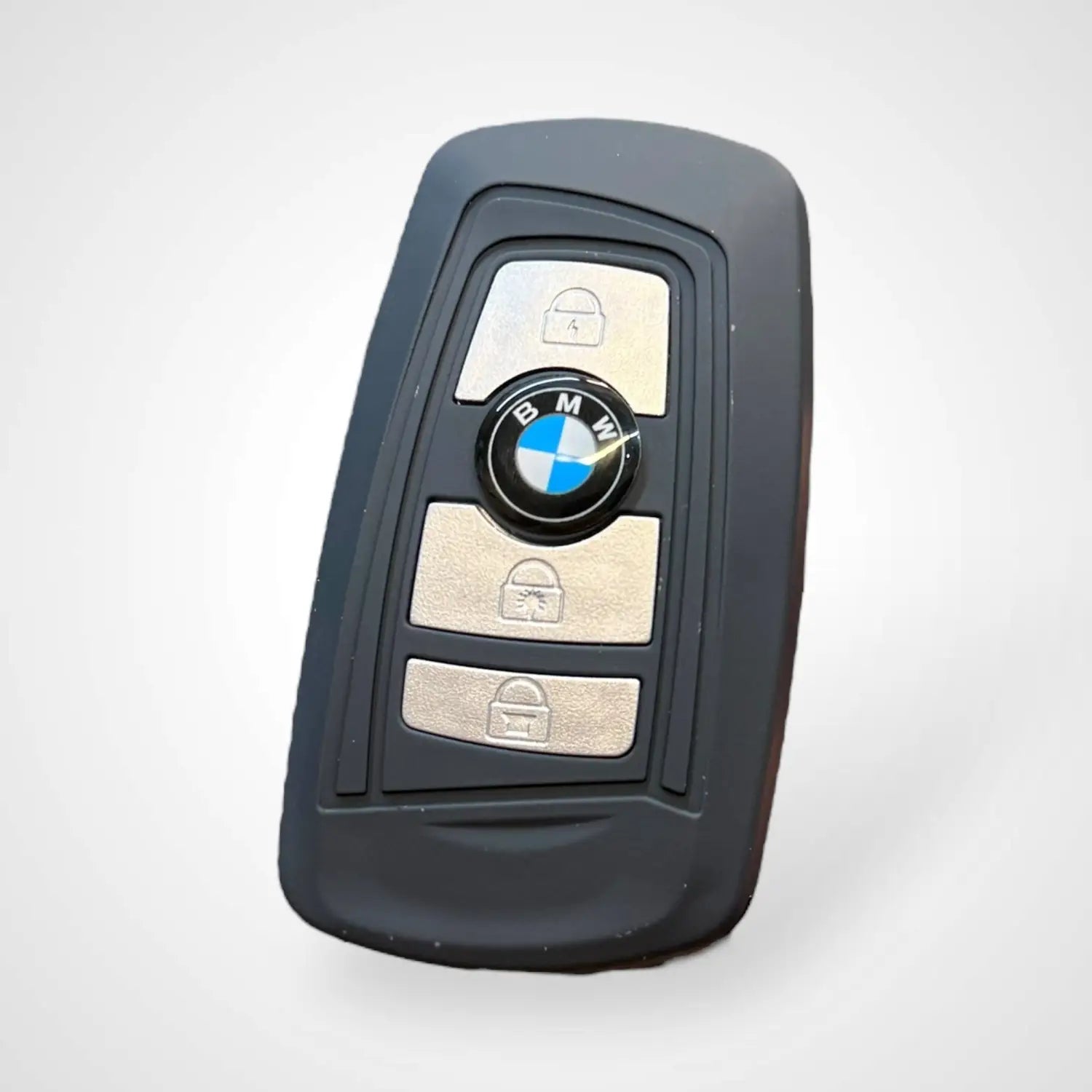 Black BMW key fob with silver buttons for defence 3-in-1 stun tool and security