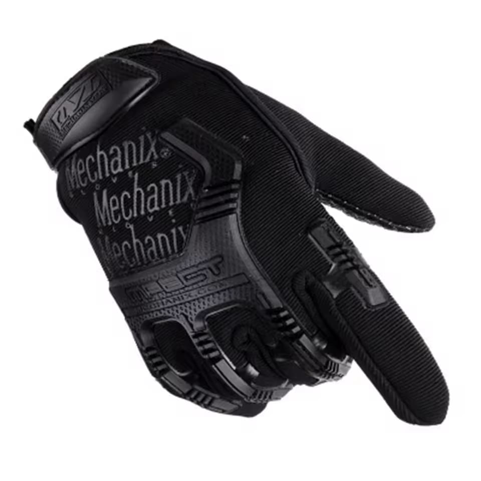 Black tactical Mechanix Gloves with reinforced knuckles and fingertips for durability