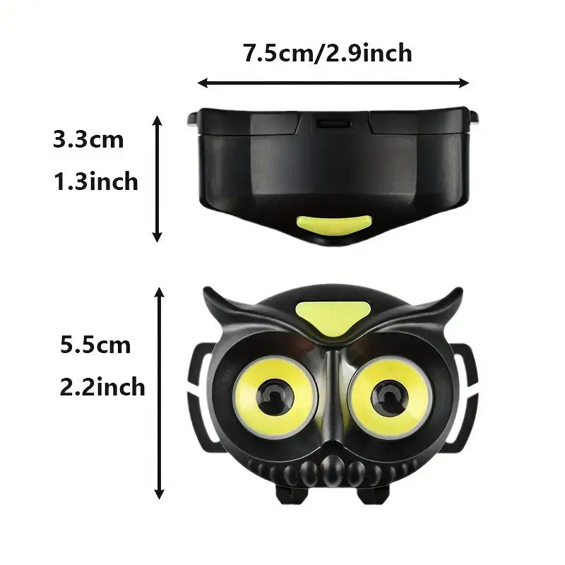 Black owl-shaped WT209 headlight with yellow LEDs and glowing yellow power button