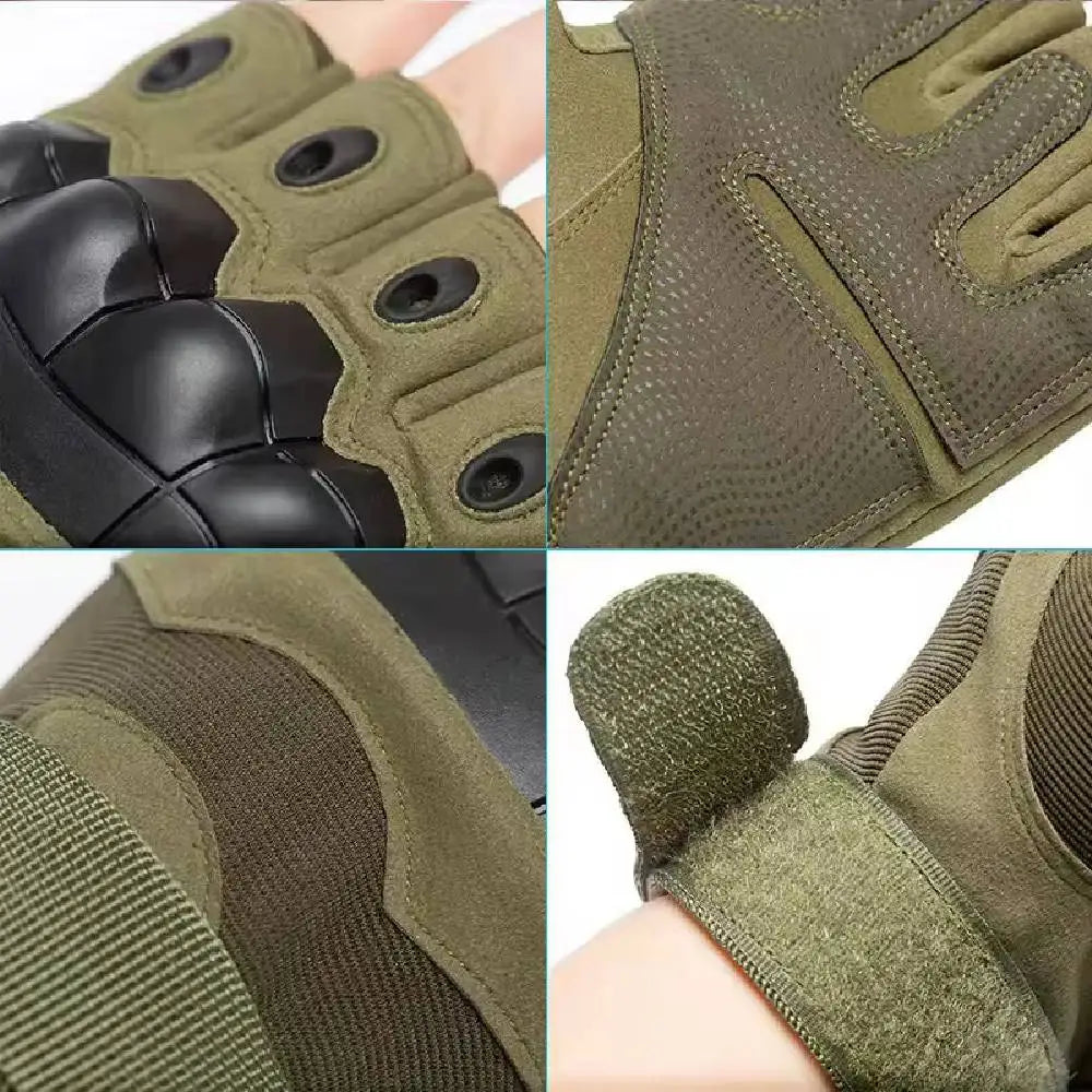 Olive green tactical fingerless gloves with hard rubber knuckles and adjustable straps