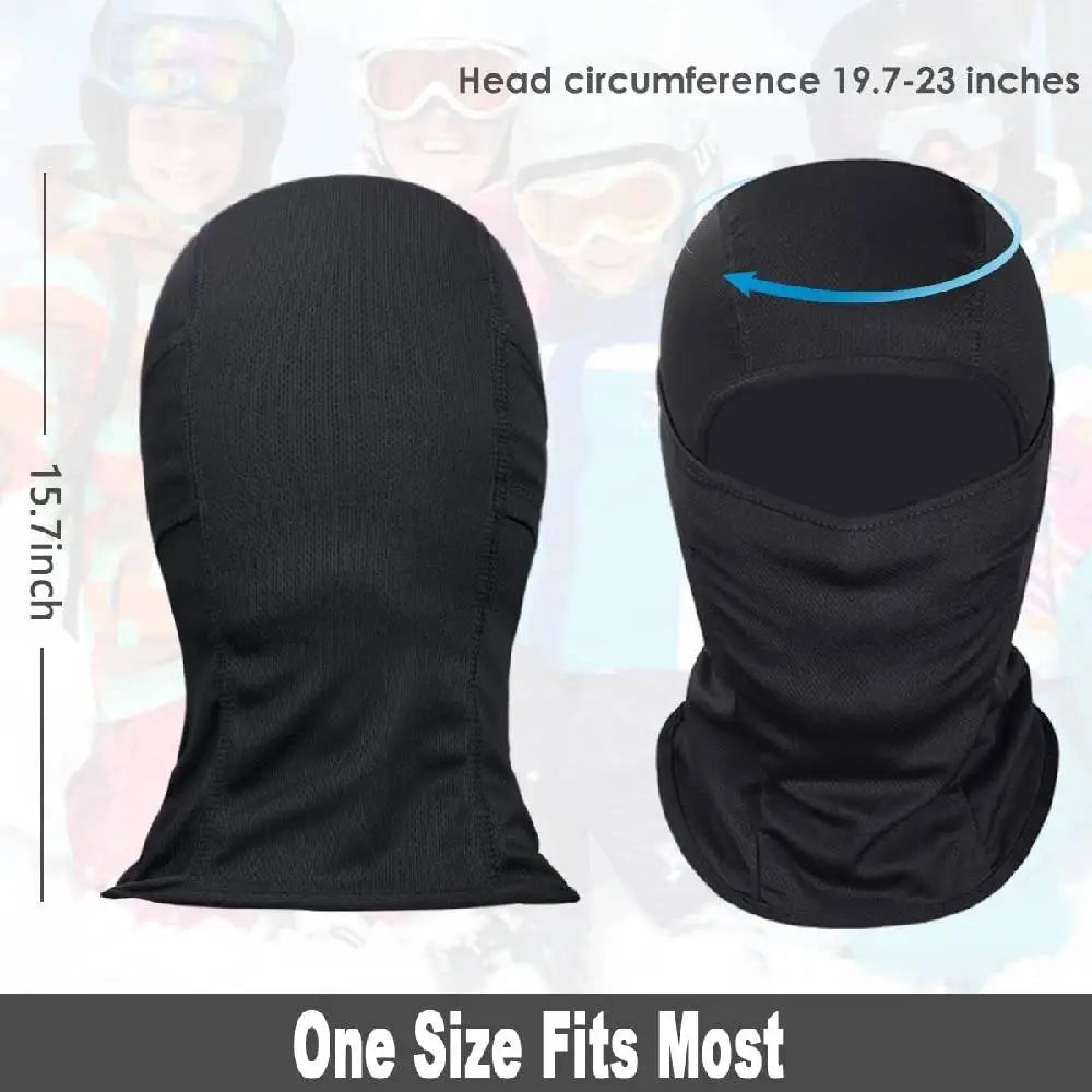 Black Balaclava Neck Gaiter showing size specifications for a comfortable balaclava neck