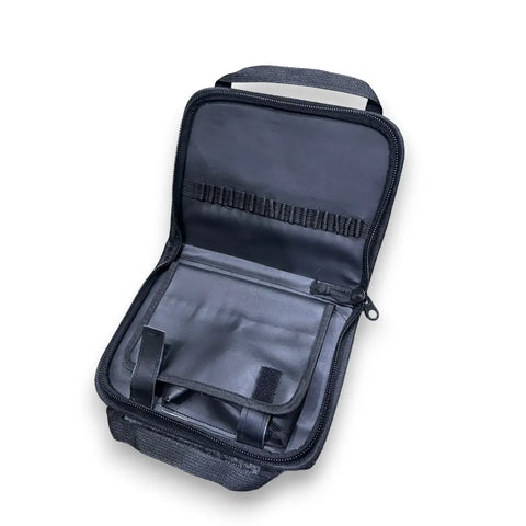 Open dark blue tactical safety case with black zipper and elastic loops for organization