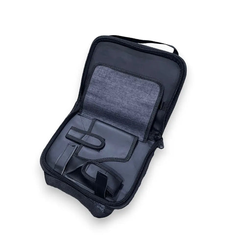 Open dark blue tactical safety case with zippered design and internal elastic straps