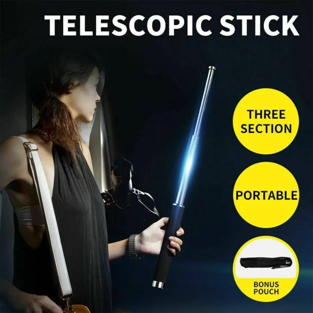 Black and silver PVC material telescopic baton with glowing blue light for self-defense