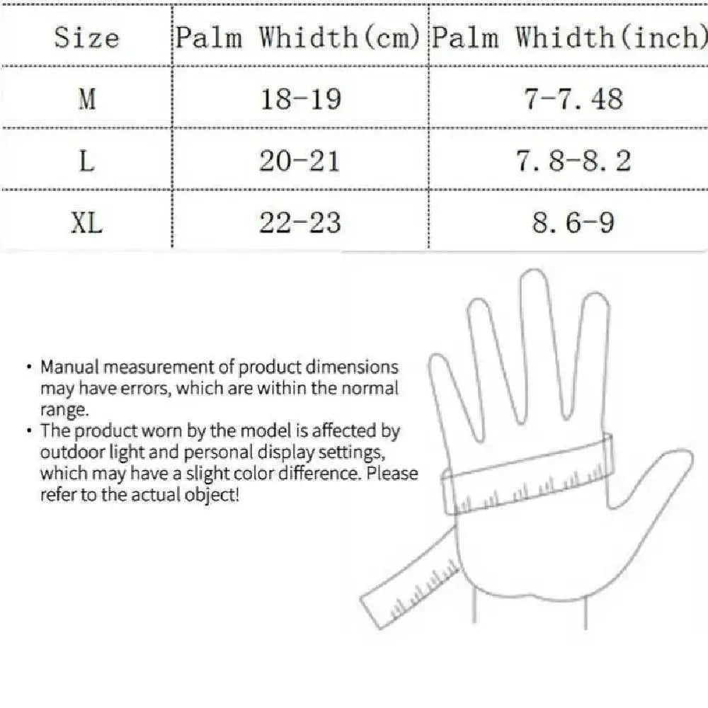 Sizing chart for Hard Rubber Knuckle Fingerless Tactical Gloves with palm width measurements