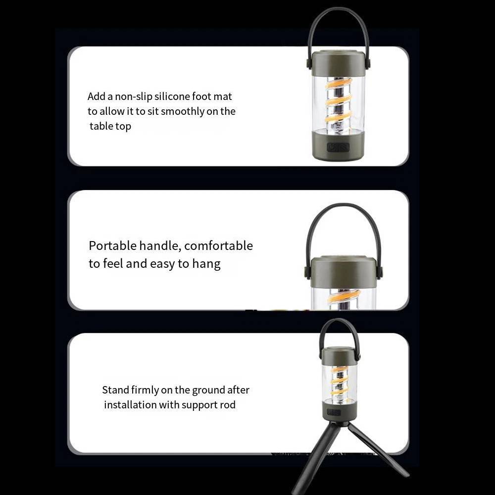 Portable camping light with built-in Bluetooth speaker, tripod stand, and non-slip base