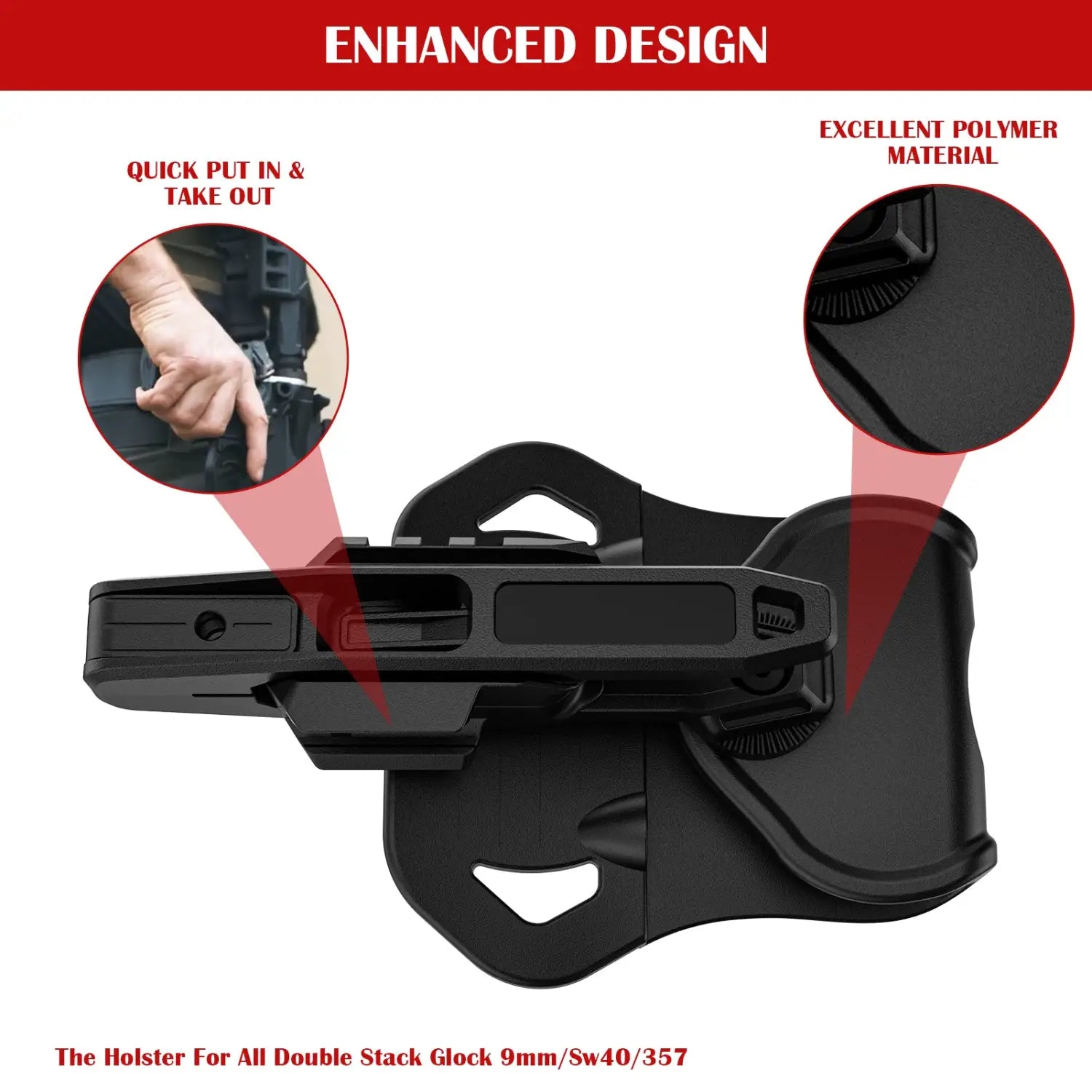 Black polymer universal belt holster with quick-release mechanism for versatile carry