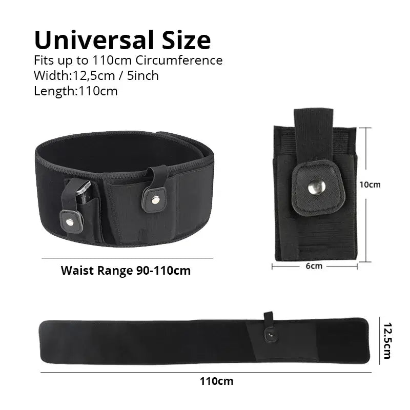 Black universal size waist band belly holster with detachable pouch for concealed carry