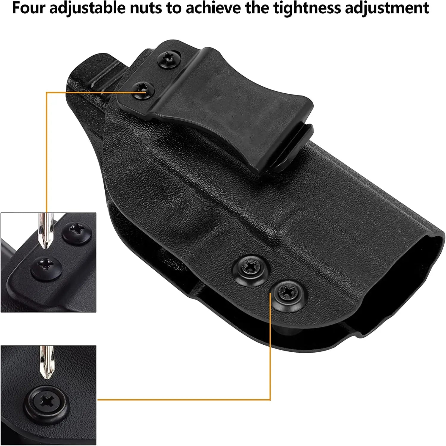 Black Kydex concealed carry belt holster with adjustable retention screws for Glock pistols