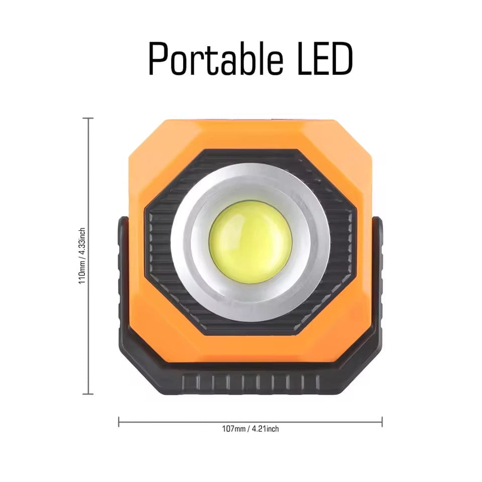 Orange and black portable LED work light with dimensions, ideal portable LED lamp for work sites