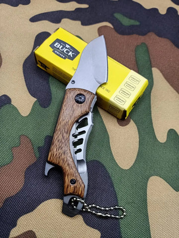 USA X65 Mini pocket knife with wooden handle, silver blade, and keychain attachment