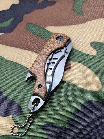 USA X65 Mini pocket knife with wooden handle, bottle opener, and keychain attachment