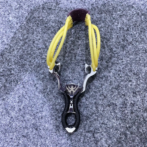 Aluminum slingshot with black ergonomic grip and yellow elastic bands for precision shooting