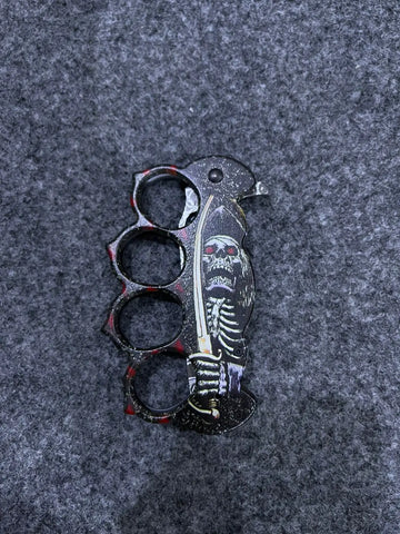 Metal skull knuckle duster folding knife with skeleton holding sword design for 50cm blade