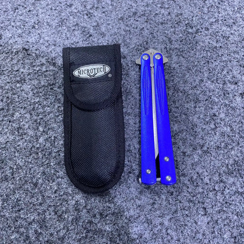 Blue butterfly knife with black sheath, approx 8 inches, ideal for collectors and enthusiasts