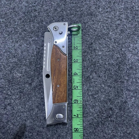 USA-M9 Camping Survival Knife with Wooden Handle and Metal Frame featuring key ring