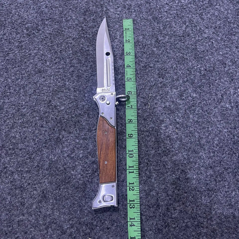 USA-M9 Camping Survival Knife with wooden handle and silver switchblade, includes measuring tape