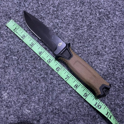 Gerber Fixed Blade Tactical Knife with dark fixed blade and textured olive-drab handle