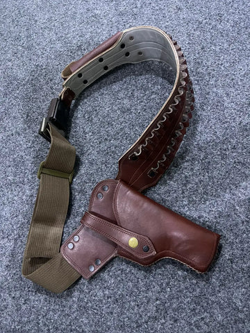 Brown leather hip holster with canvas strap for concealed carry and firearm protection