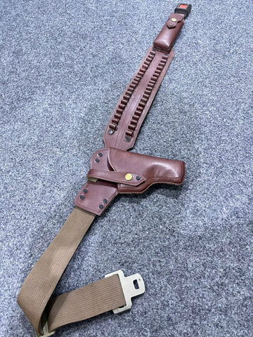 Brown leather hip holster with shoulder strap for ammunition and firearm storage
