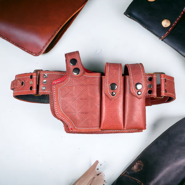 9MM Leather Belt Holster with Two Magazine Holders