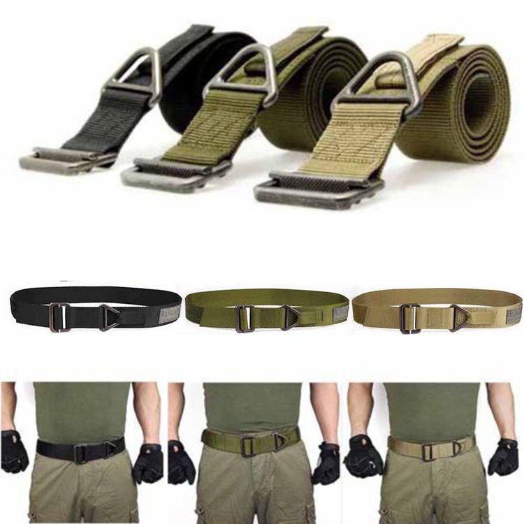 Black Hawk CQB Riggers Belt with black, olive green, and tan tactical belts featuring metal D-ring buckles