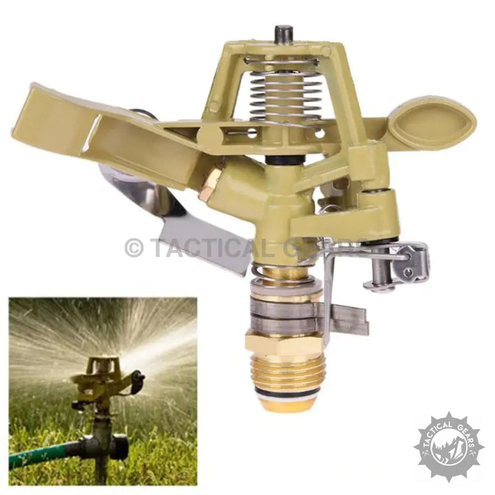 Brass water sprinkler with spring-loaded arm and adjustable spray pattern for irrigation