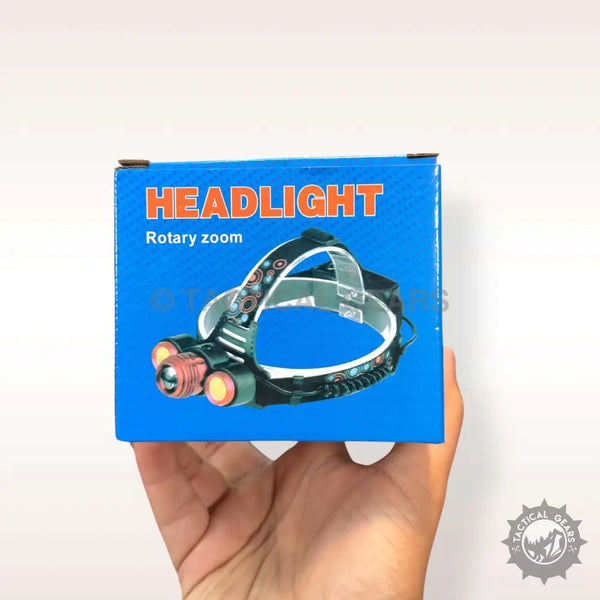 Blue box for Rotary Zoom headlamp with three lights, part of Adjustable Rechargeable Headlight