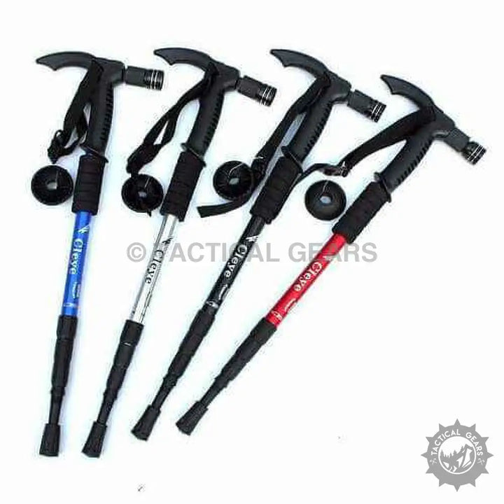 Four adjustable hiking sticks with T-handle and torch in various colors for outdoor adventures