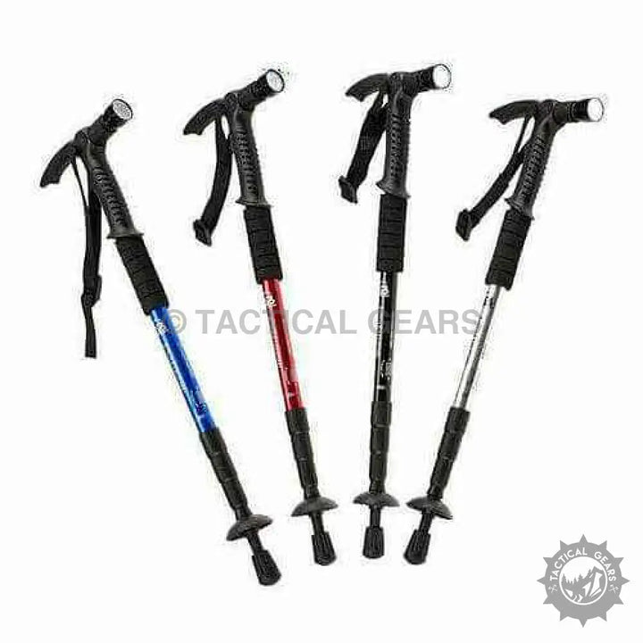 Colorful T-handle hiking sticks with torch and collapsible handle for trekking adventures