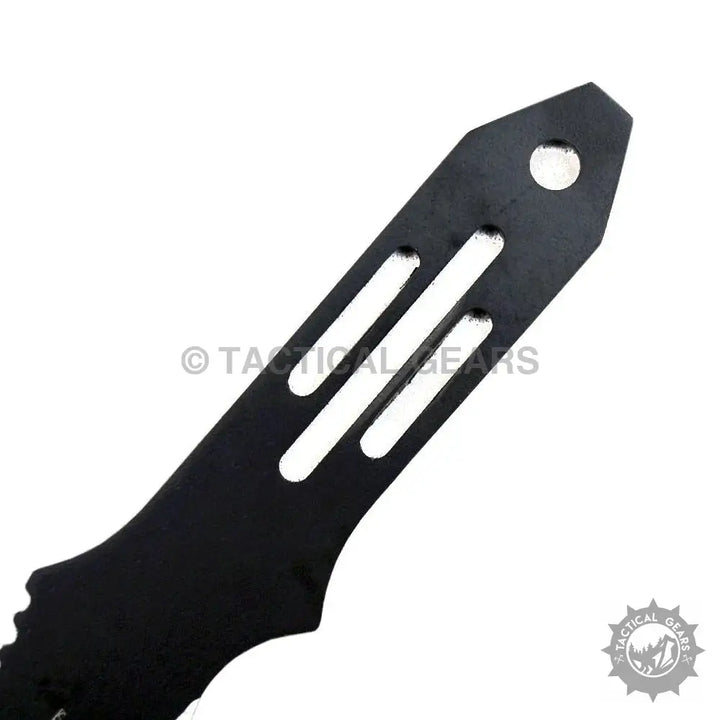 Black stainless steel throwing knives with cutouts and lanyard hole in protective pouch