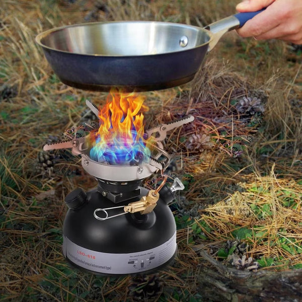 Portable camping stove with frying pan over blue and orange flame for All in One Camping Portable Stove