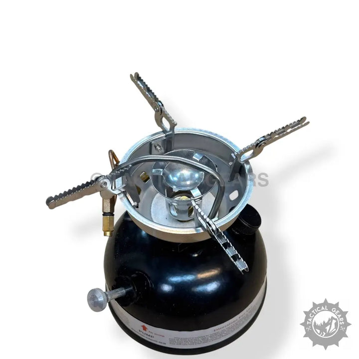 Black and silver portable camping stove with foldable supports for camping portable cooking