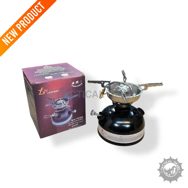 Black portable stove with foldable supports and purple retail packaging for camping portable use